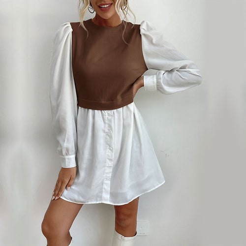Damen Hemdblusenkleid mit eingesetzter kurzgeschnittener Weste, Puffärmeln und taillierter Silhouette Echoarchiv