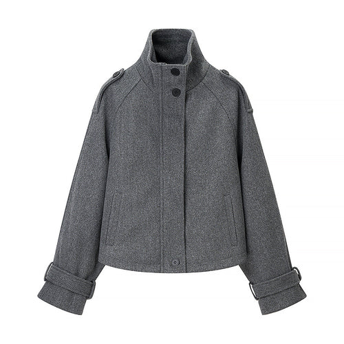 Damen Kurz geschnittene Wollmix-Croppedjacke mit Stehkragen, Schulterklappen und verstellbaren Ärmelriemen Echo Archiv