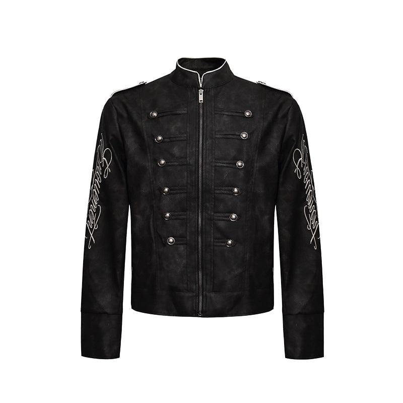 Herren Military-inspirierte Lederjacke mit Stehkragen, Zierknopfreihen und bestickten Ärmeln Echoarchiv