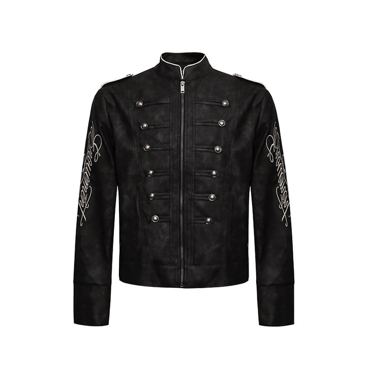 Herren Military-inspirierte Lederjacke mit Stehkragen, Zierknopfreihen und bestickten Ärmeln Echoarchiv