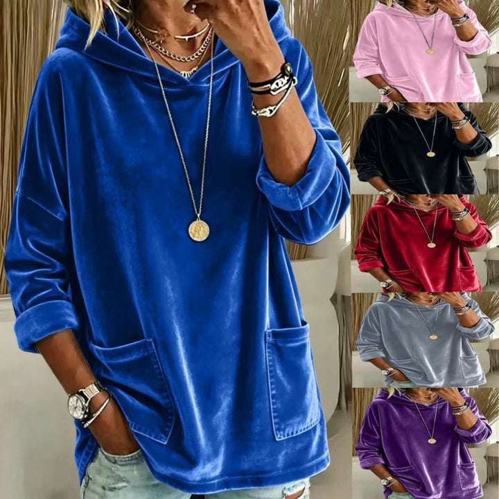 Damen Samt-Hoodie mit Kapuze, Oversize-Schnitt und aufgesetzten Taschen – Auréline