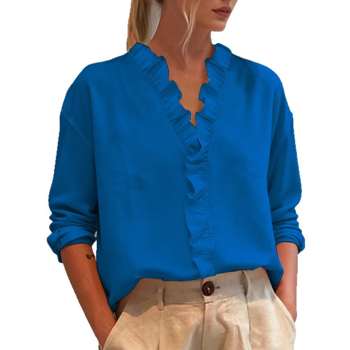 Damen Elegante V-Ausschnitt Bluse mit Volantbesatz und lockerem Oversize-Schnitt – Élovi