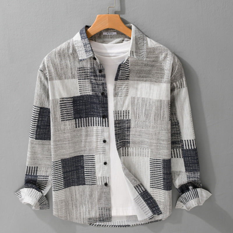 Herren Gemustertes Langarm-Hemd im Patchwork-Look aus leichtem Baumwollmix Relaxed Fit Echoarchiv