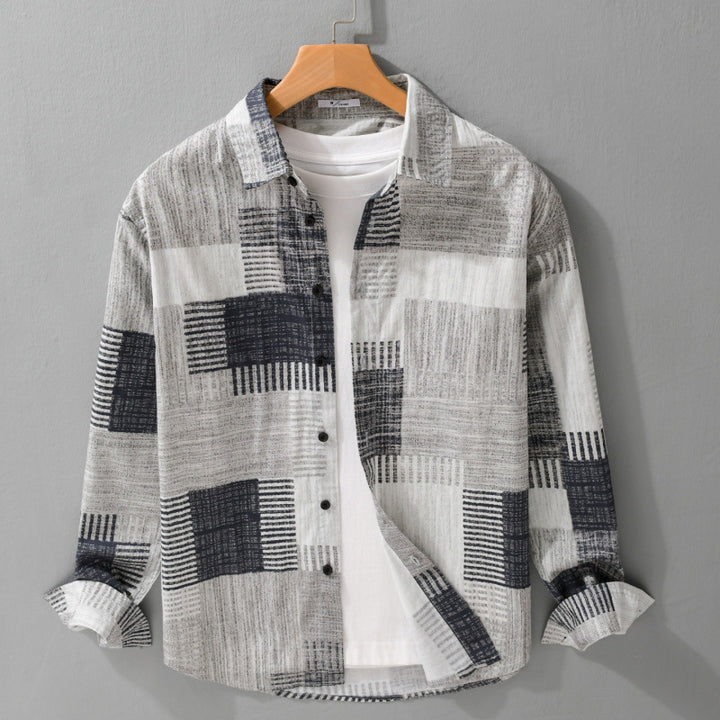 Herren Gemustertes Langarm-Hemd im Patchwork-Look aus leichtem Baumwollmix Relaxed Fit Echoarchiv