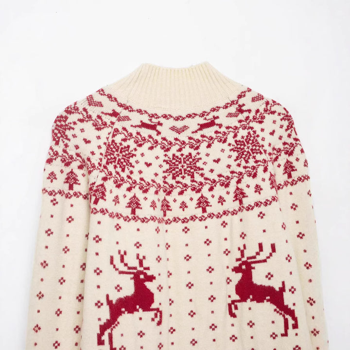 Damen kurzer Norwegerstrickpullover mit hohem Rippkragen und Rentiermotiv Echoarchiv