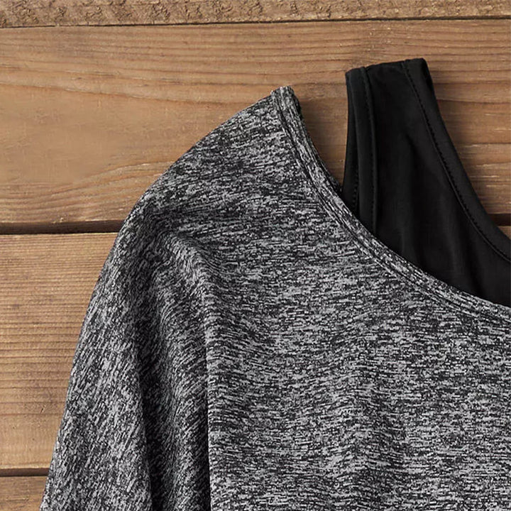 Damen Lässiger schulterfreier Feinstrickpullover mit Lagenoptik und asymmetrischem Saum – Avérine