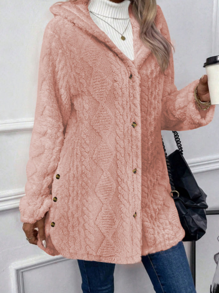 Damen Oversize Strickmantel mit Kapuze, Jacquard‑Struktur und Knopfleiste – Veloura