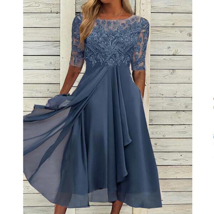 Damen elegantes Chiffon-Spitzenkleid mit Vokuhila-Überwurf und dreiviertelärmeln – Élara