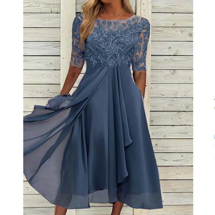 Damen elegantes Chiffon-Spitzenkleid mit Vokuhila-Überwurf und dreiviertelärmeln – Élara