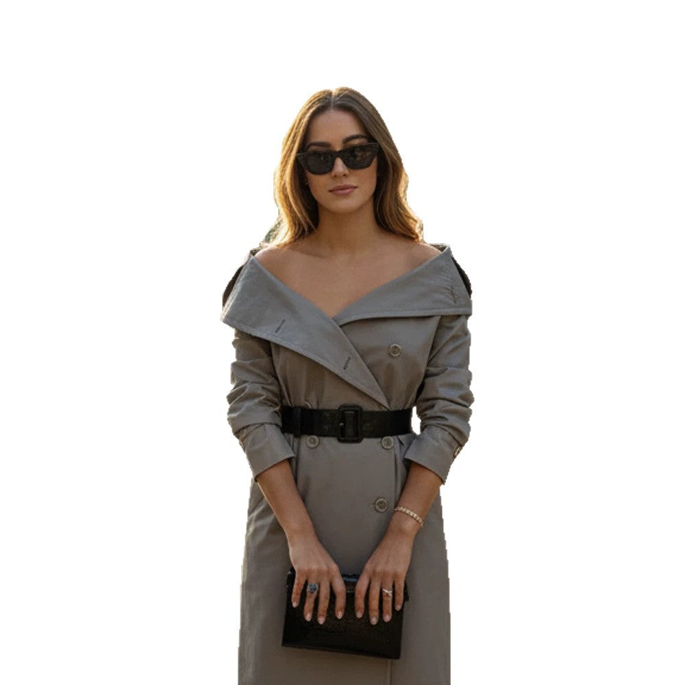 Damen Off-Shoulder Trenchkleid mit doppelreihiger Knopfleiste und tailliertem Lackgürtel Echoarchiv