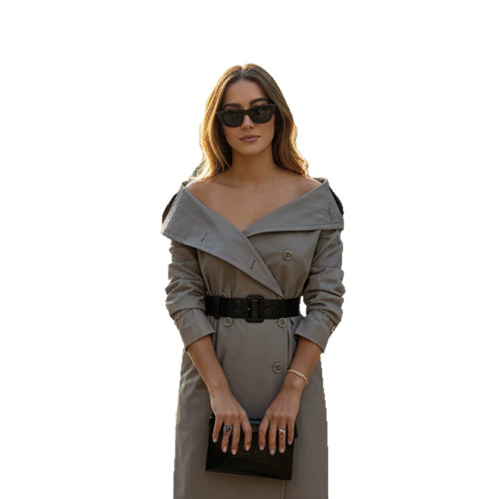 Damen Off-Shoulder Trenchkleid mit doppelreihiger Knopfleiste und tailliertem Lackgürtel Echoarchiv