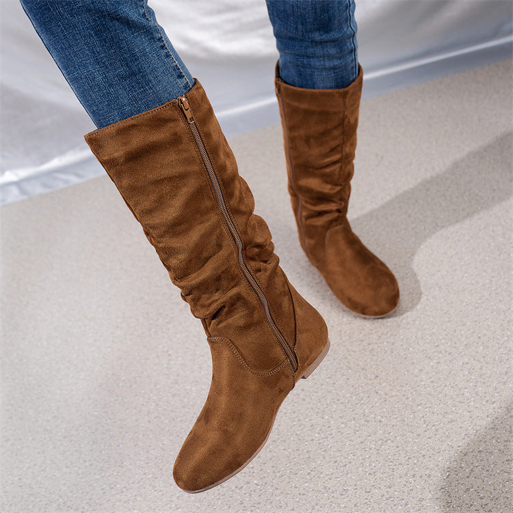 Damen Slouch-Stiefel mit flachem Absatz, seitlichem Reißverschluss und weichem Velours – Lioré