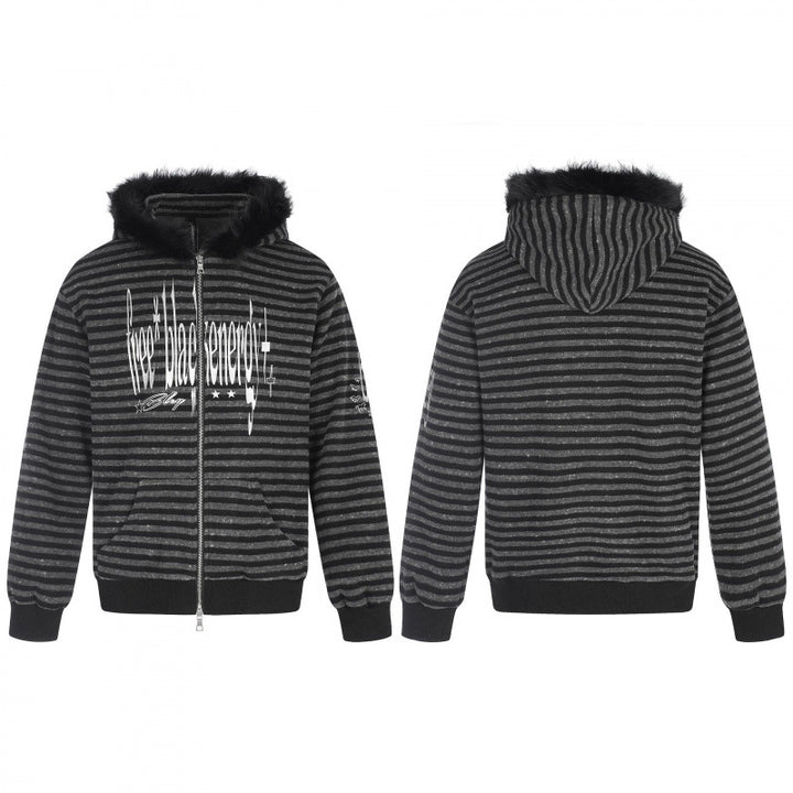 Unisex Gestreifte Kapuzen-Zipjacke mit Kunstfellkapuze und Statement-Frontprint Echo Archiv