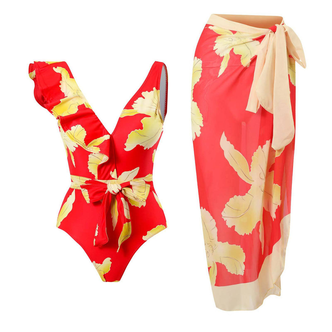 Damen Eleganter Einteiler Badeanzug mit floralen Rüschendetails Echo Archiv