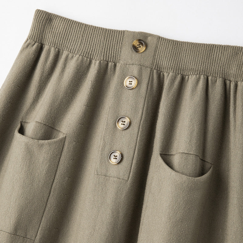 Damen Midirock aus Wollmix mit A‑Linie, elastischem Rippbund, Zierriegel‑Knopfleiste und aufgesetzten Taschen Echoarchiv