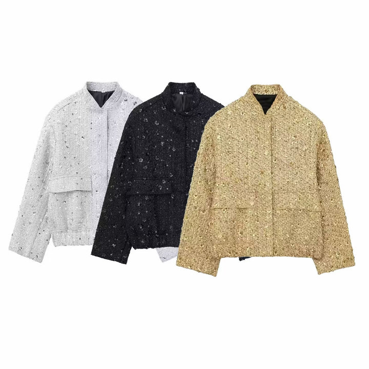 Damen nan strukturierte Boucléjacke mit Stehkragen, aufgesetzten Taschen und elastischem Saum Echo Archiv