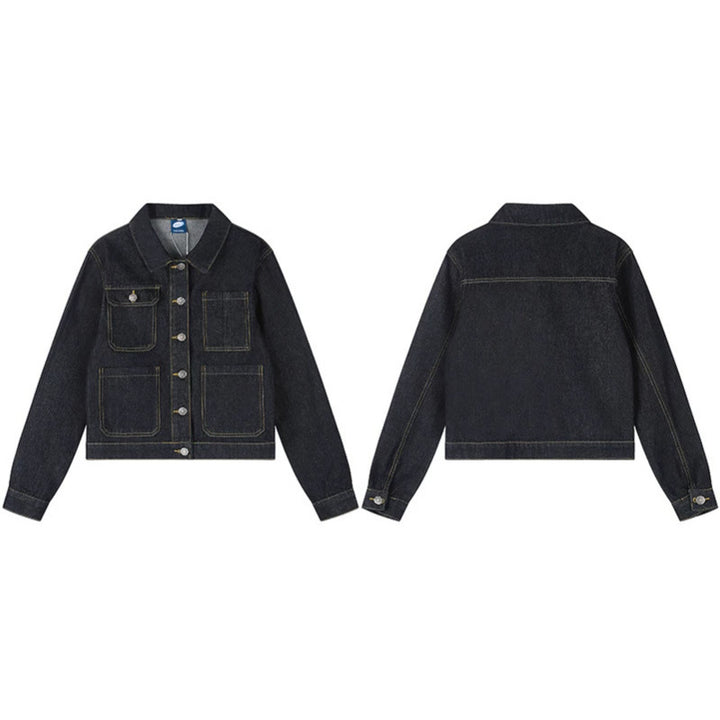 Damen Boxy-Jeansjacke mit aufgesetzten Taschen und sichtbaren Kontrastnähten Echoarchiv