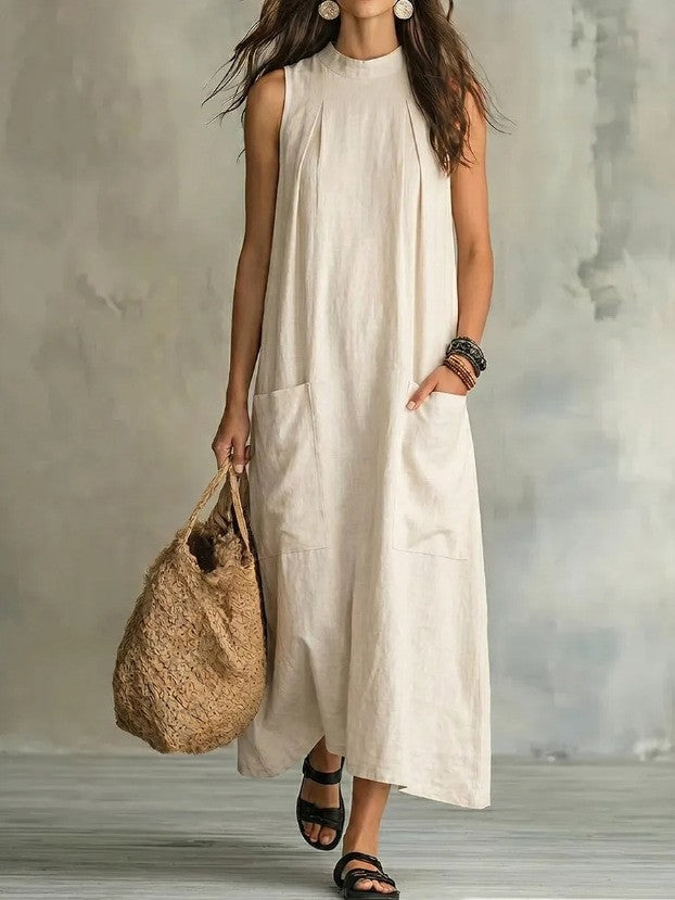 Damen nan ärmelloses Leinen-Maxikleid mit Stehkragen, Brustfalten und aufgesetzten Taschen Echo Archiv