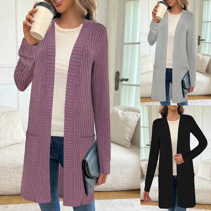Damen Longline Rippstrick Cardigan mit Taschen Echoarchiv