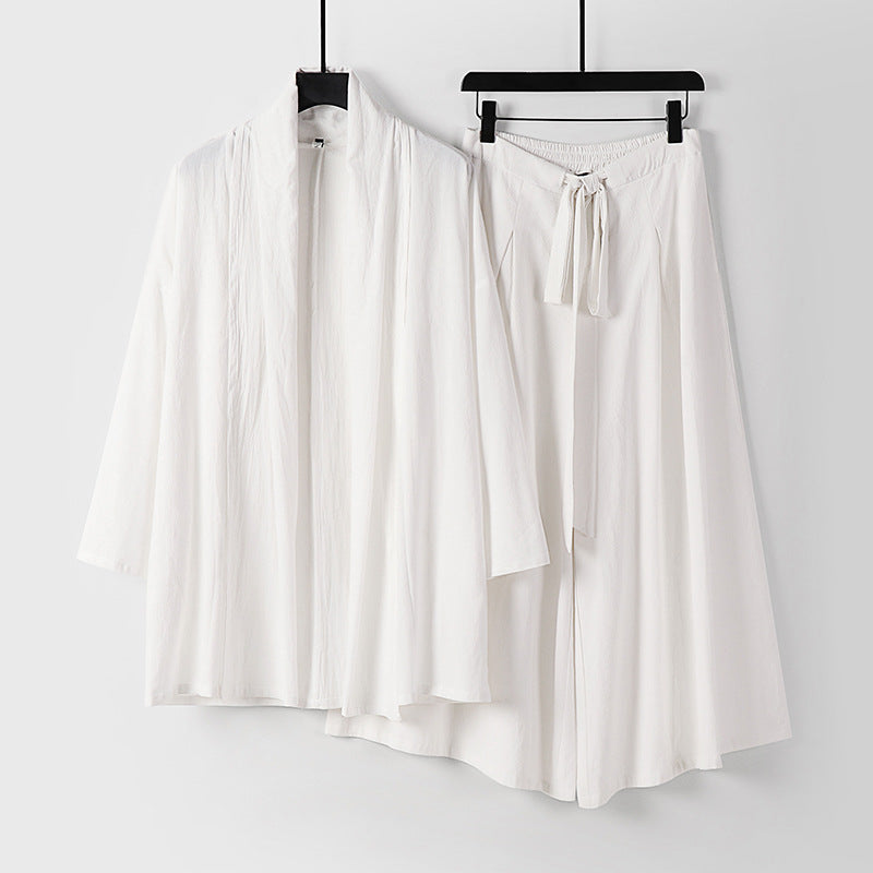 Damen Zweiteiliges Lounge-Set im Kimono-Stil mit offenem Schalkragen und weitem Palazzo-Hosenrock Echoarchiv