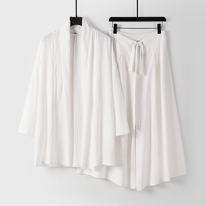 Damen Zweiteiliges Lounge-Set im Kimono-Stil mit offenem Schalkragen und weitem Palazzo-Hosenrock Echoarchiv