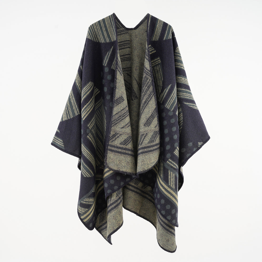 Damen Jacquard‑Ruana mit grafischem Muster und Kettelkante – Montévia