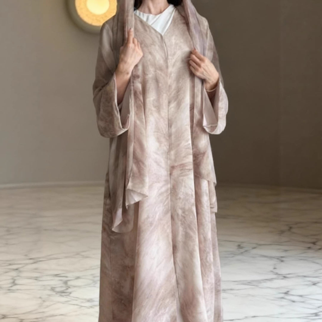 Damen langes fließendes Kapuzenkaftan Kleid mit weitem Arm und mehrlagigem Chiffon – Valéora