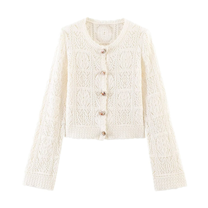 Damen Häkelstrick-Cardigan mit Rundhals, filigranem Lochmuster und Zierknöpfen Echoarchiv