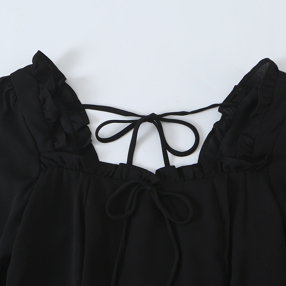 Damen A‑Linien Minikleid mit Rüschen-Quadratausschnitt, taillierter Silhouette und Bindebändern Echoarchiv