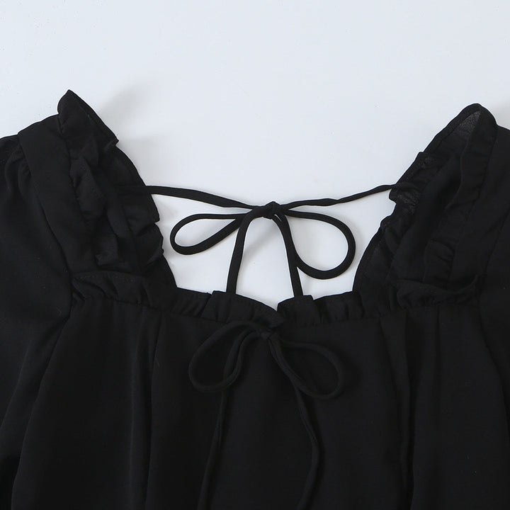 Damen A‑Linien Minikleid mit Rüschen-Quadratausschnitt, taillierter Silhouette und Bindebändern Echoarchiv