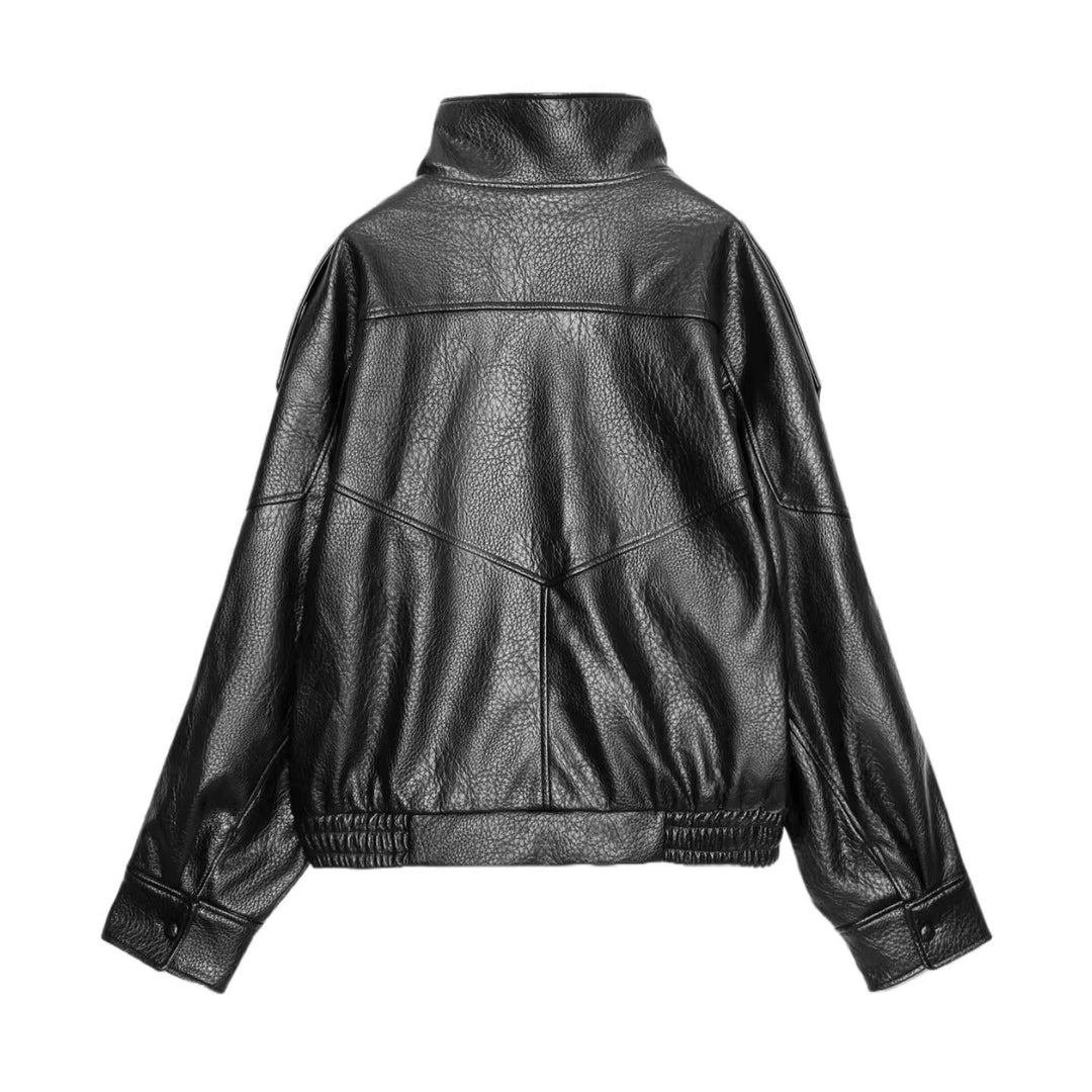 Damen Lederjacke mit hohem Stehkragen und asymmetrischer Druckknopfleiste Echo Archiv