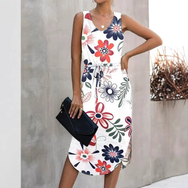 Damen Blumenmaxikleid mit elastischem Taillenkordelzug und seitlichem Schlitz Echo Archiv