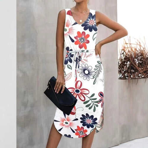Damen Blumenmaxikleid mit elastischem Taillenkordelzug und seitlichem Schlitz Echo Archiv
