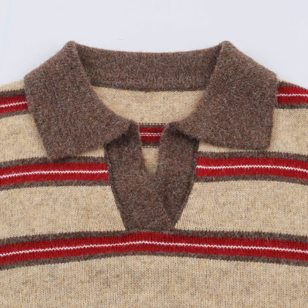 Damen Gestreifter Oversize-Pullover mit Polokragen und V-Ausschnitt Echoarchiv