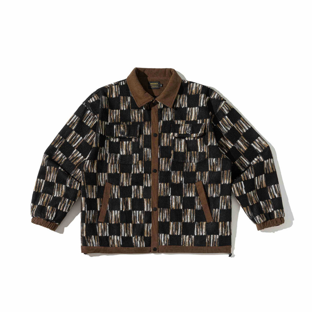 Herren Gemusterte Wollmix Overshirtjacke mit Cordkragen und Pattentaschen Echoarchiv