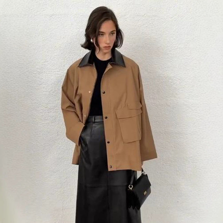 Damen Oversize utilitarische Jacke mit großen Pattentaschen und Kontrastkragen Echoarchiv