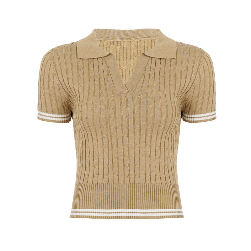 Damen kurzärmeliges Strickoberteil mit raffiniertem Rippmuster und Polokragen Echo Archiv