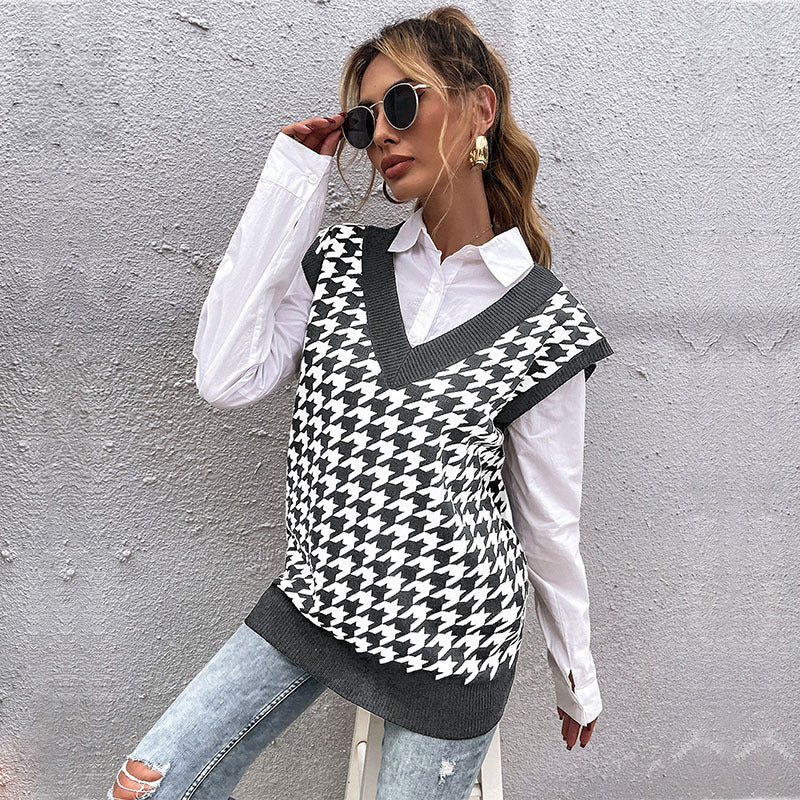 Damen Oversize Strickweste mit Hahnentritt‑Muster und tiefem V‑Ausschnitt Echoarchiv