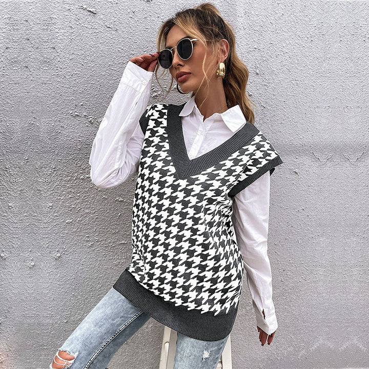 Damen Oversize Strickweste mit Hahnentritt‑Muster und tiefem V‑Ausschnitt Echoarchiv