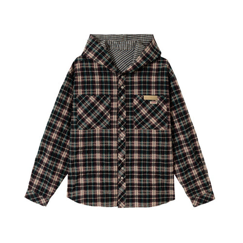 Unisex Kapuzen-Flanellhemd im Oversize-Karo mit Brusttaschen Echoarchiv