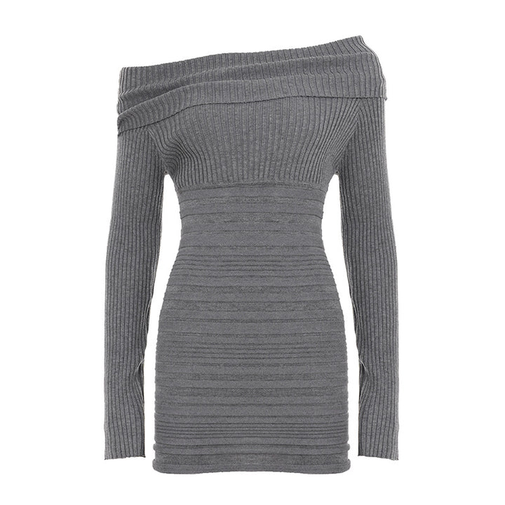 Damen nan schulterfreies figurbetontes Rippenstrick-Kleid mit Umschlagkragen, Längsraffung und Langarm Echo Archiv