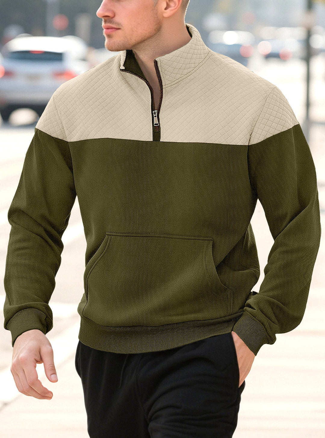 Herren nan Halbzip-Sweatshirt mit gesteppter Schulterpartie Kängurutasche und gerippten Bündchen Echo Archiv
