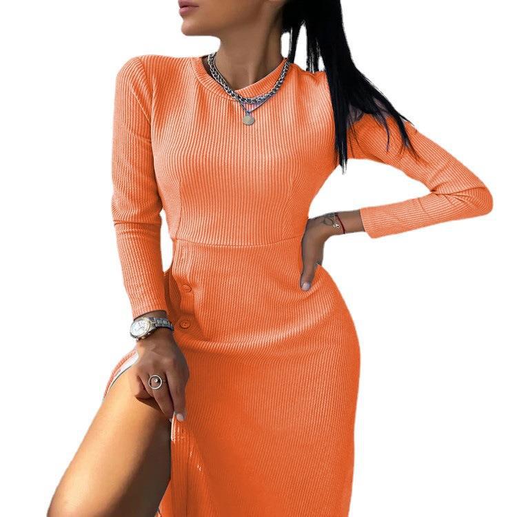 Damen Geripptes A‑Linien Kleid mit Rundhalsausschnitt, langen Ärmeln und seitlicher Knopfleiste – Lunéa