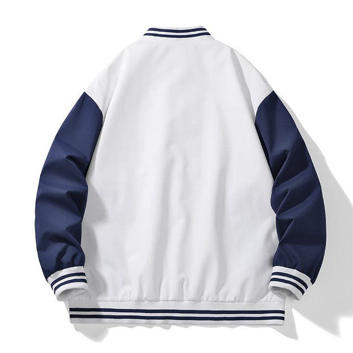Unisex College Varsity Bomberjacke mit kontrastierenden Ärmeln, gestreiften Rippbündchen und Druckknopfverschluss – Brevano