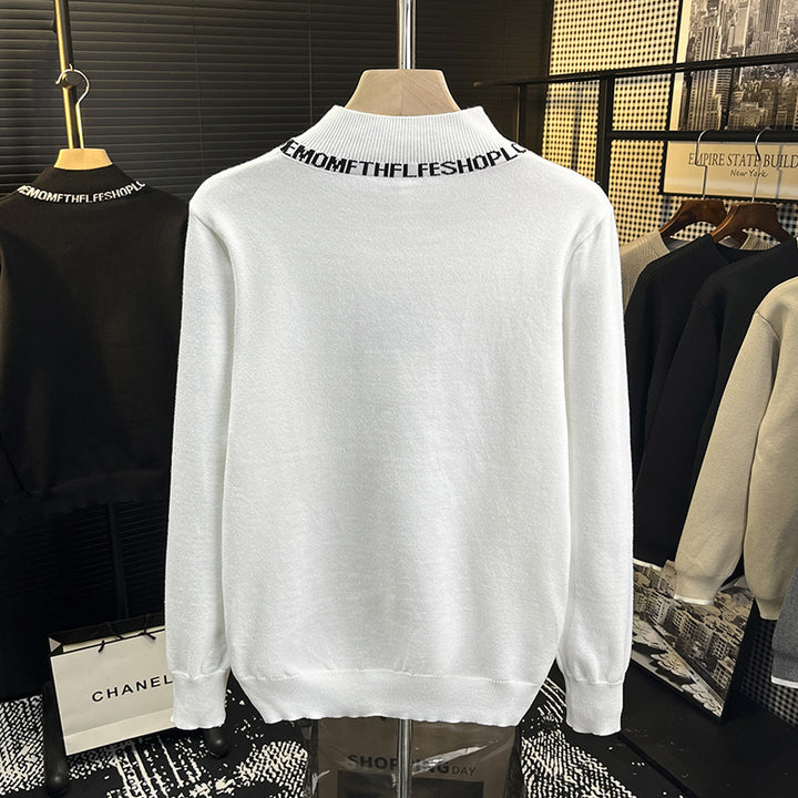 Unisex Feinstrickpullover mit kurzem Stehkragen und kontrastierendem Schriftkragen Echoarchiv