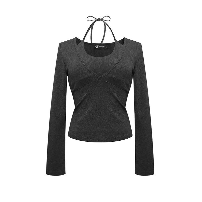 Damen Langarm-Top mit Neckholder, Wickeloptik und figurbetontem Schnitt Echoarchiv