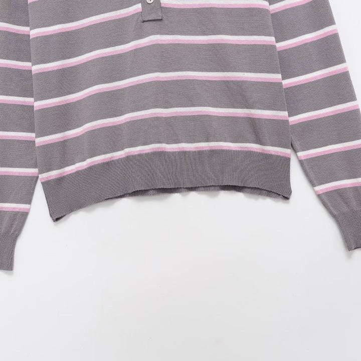 Damen Gestreifter Feinstrick-Polo-Pullover mit Knopfleiste und Rippbündchen Echo Archiv