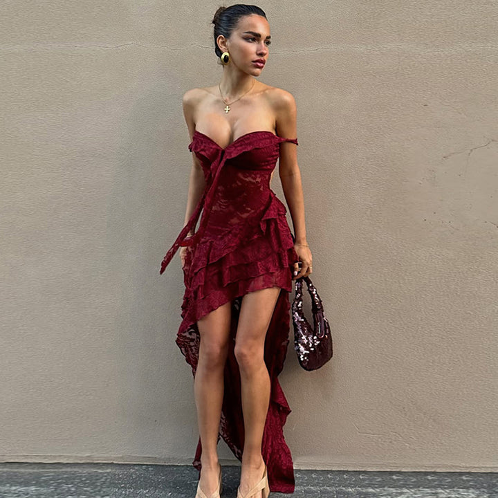 Damen asymmetrisches Spitzenkleid mit Rüschendetails Echo Archiv