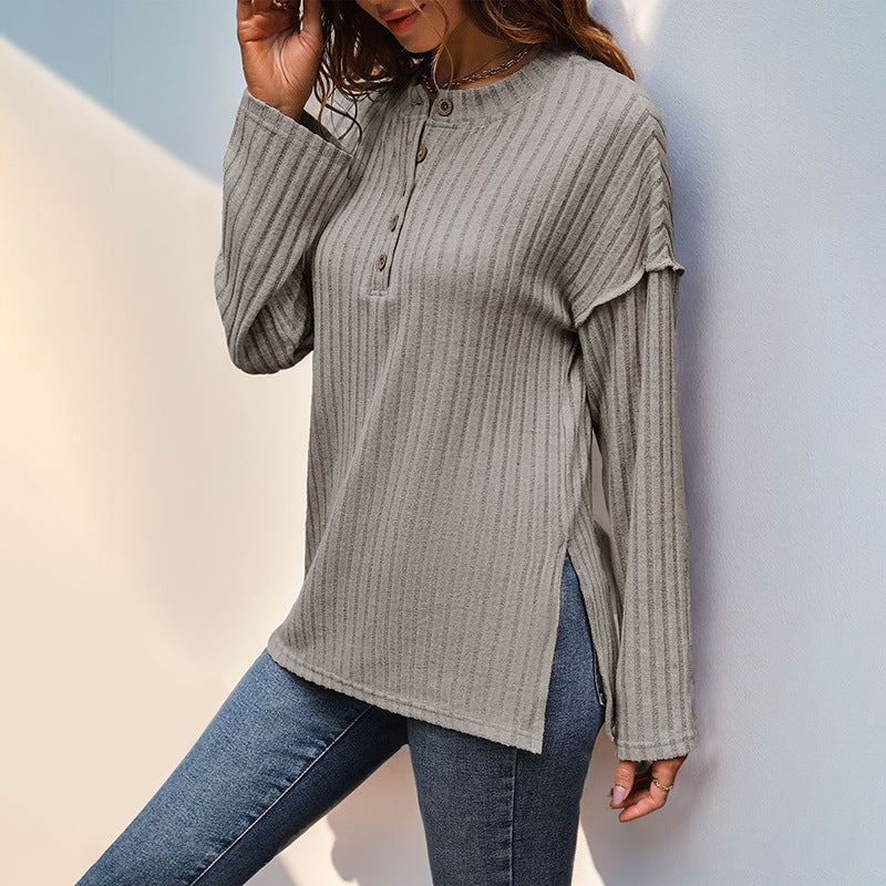 Damen Gerippter Henley-Pullover mit Knopfleiste und überschnittener Schulter Echoarchiv