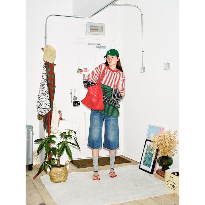 Unisex Lässiges Oversize Langarmshirt mit Blockstreifen aus Baumwollmix Echoarchiv